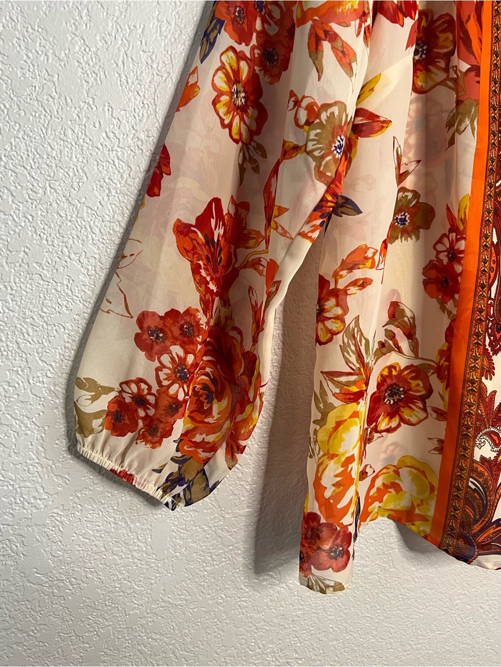 Charter Club Floral Peasant Blouse Boho Orange Beige Tie Neck Sheer Sleeve Top L - Picture 5 of 10